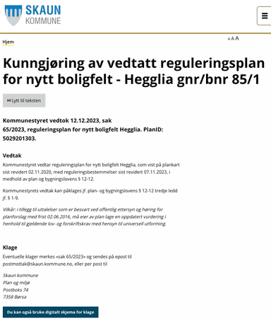 Sak 65/2023 - Kunngjøring fra Skaun Kommune